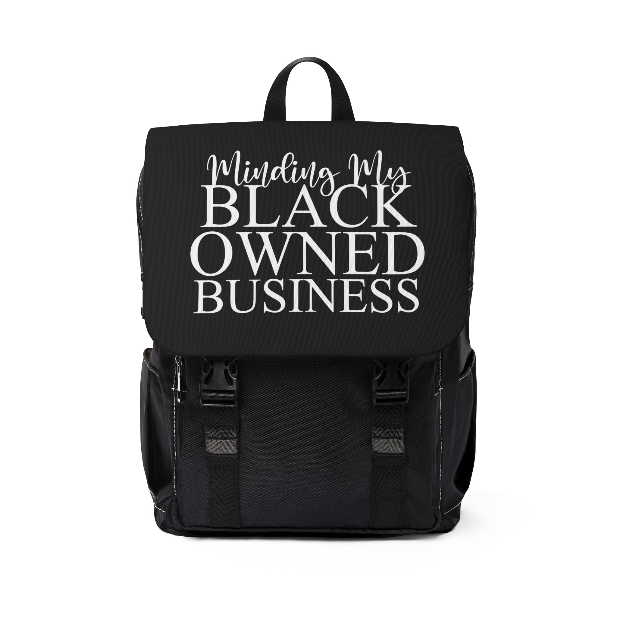 Minding My Black Owned Business Unisex Backpack (White and Black)